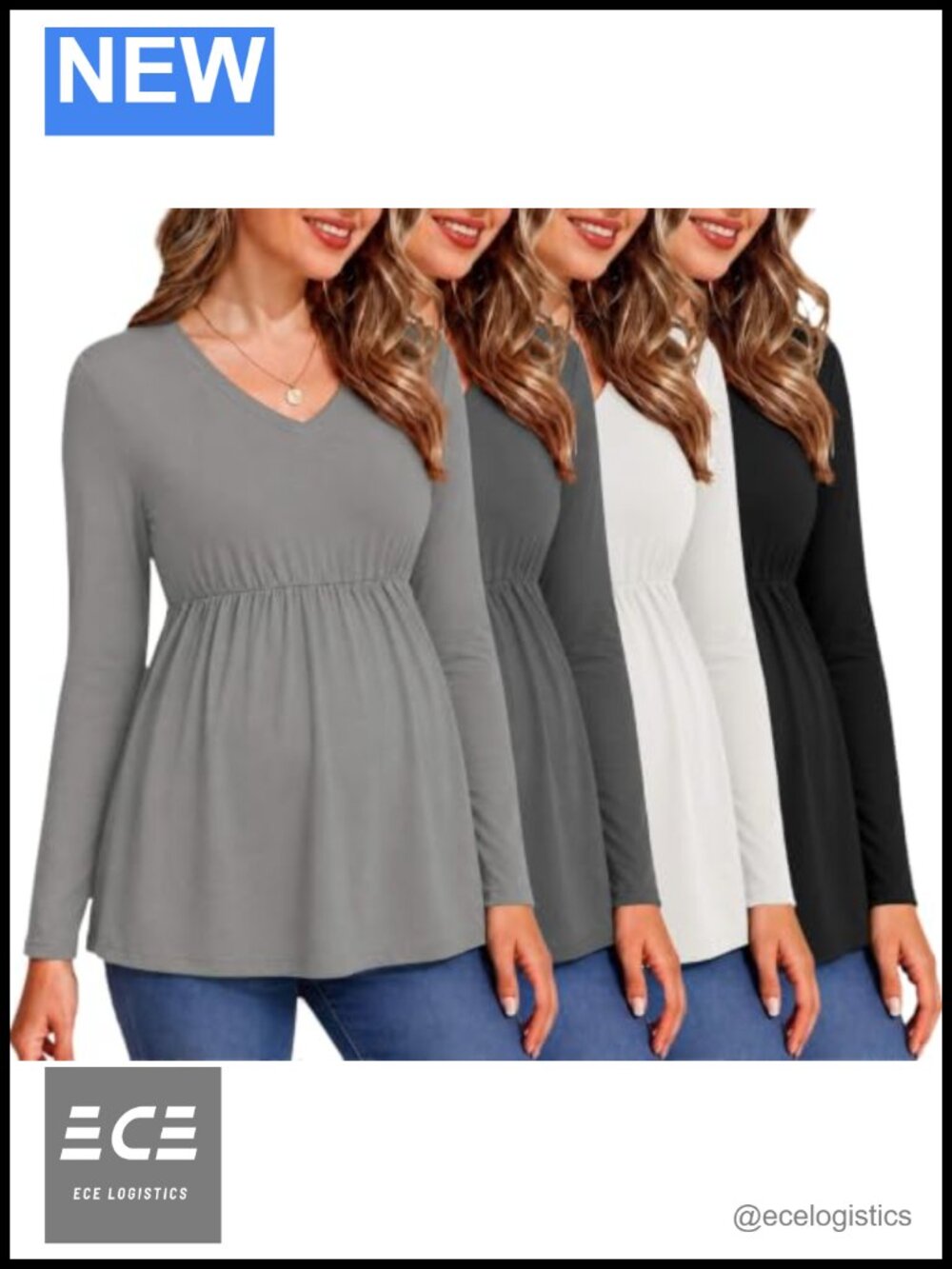 Maternity Long Sleeve V Neck Tops 4 Pack Soft Stretch Pregnancy Shirts